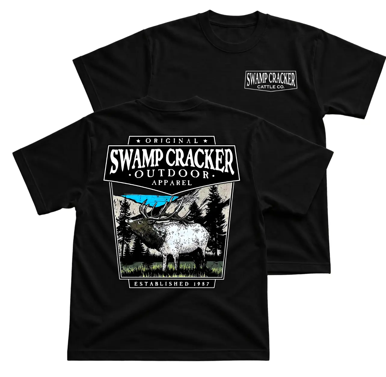 Swamp Cracker Outdoor Elk T-Shirt, Hunting Wildlife Graphic Tee, Deer Forest Back Print Shirt, Front Chest Cattle Co Logo Tee, Established 1987 Outdoor Apparel Gift For Hunters And Men Women