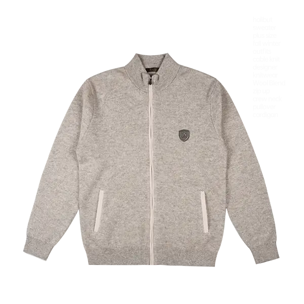 Raidy Boer Fall/winter Embroidery High End Fashion Brand Stand Collar Casual Knitted Wool Blended Cardigan Sweater for Men Beige Long Sleeve