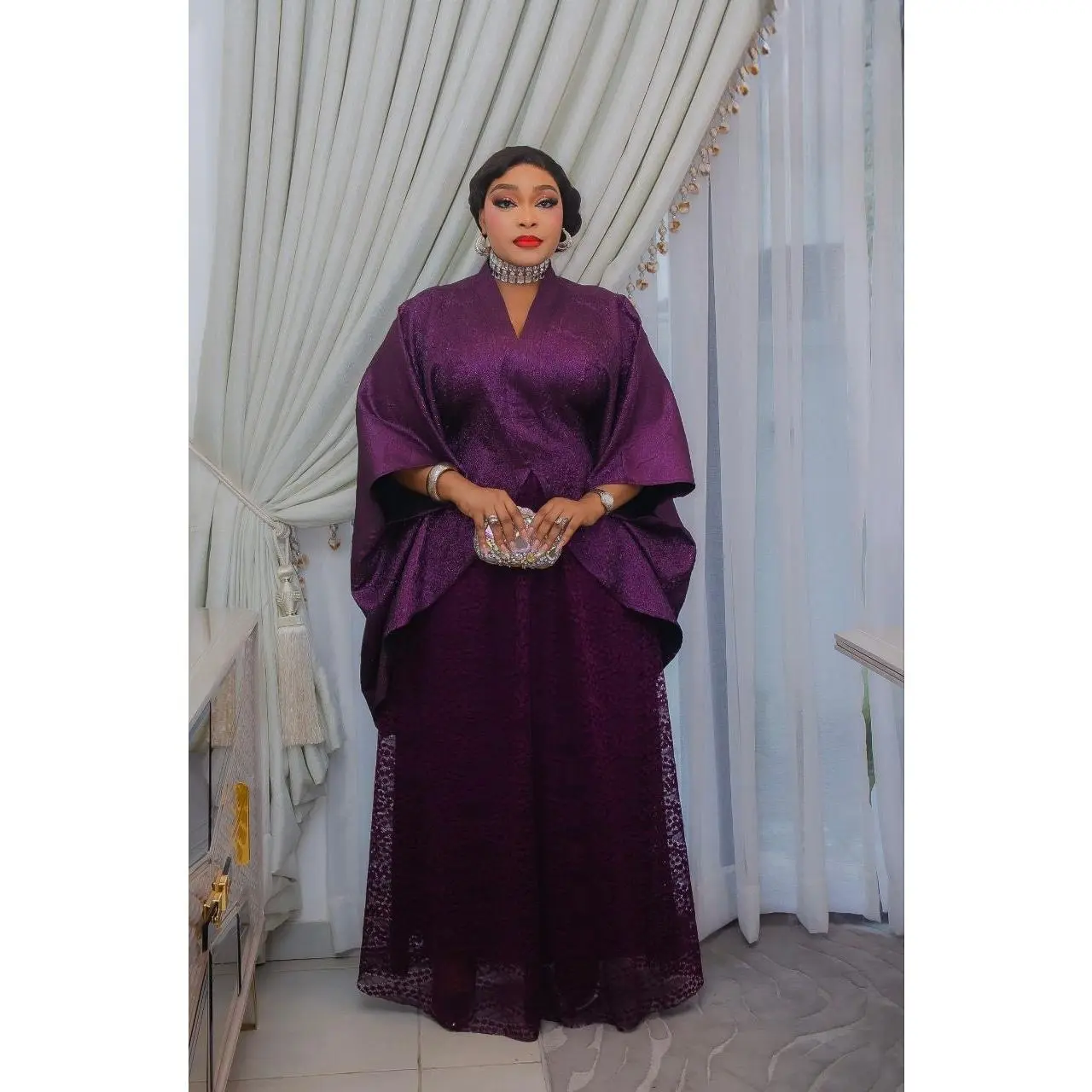 Luxury Purple Kaftan Wrap Top & Chantilly Lace Maxi Skirt Set for Wedding Guest Mother of The Bride Birthday Dinner Cocktail Party Church Gala Anniversary Photoshoot Outfit Rich Auntie Boubou