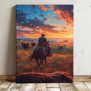 1pc Western Ranch Scene Canvas Print - Cowboys Herding Cattle at Sunset Poster, Pine Wood Wrapped Canvas Wall Art, Rustic Pastoral Landscape Decor for Living Room, Bedroom, Studio Hallway