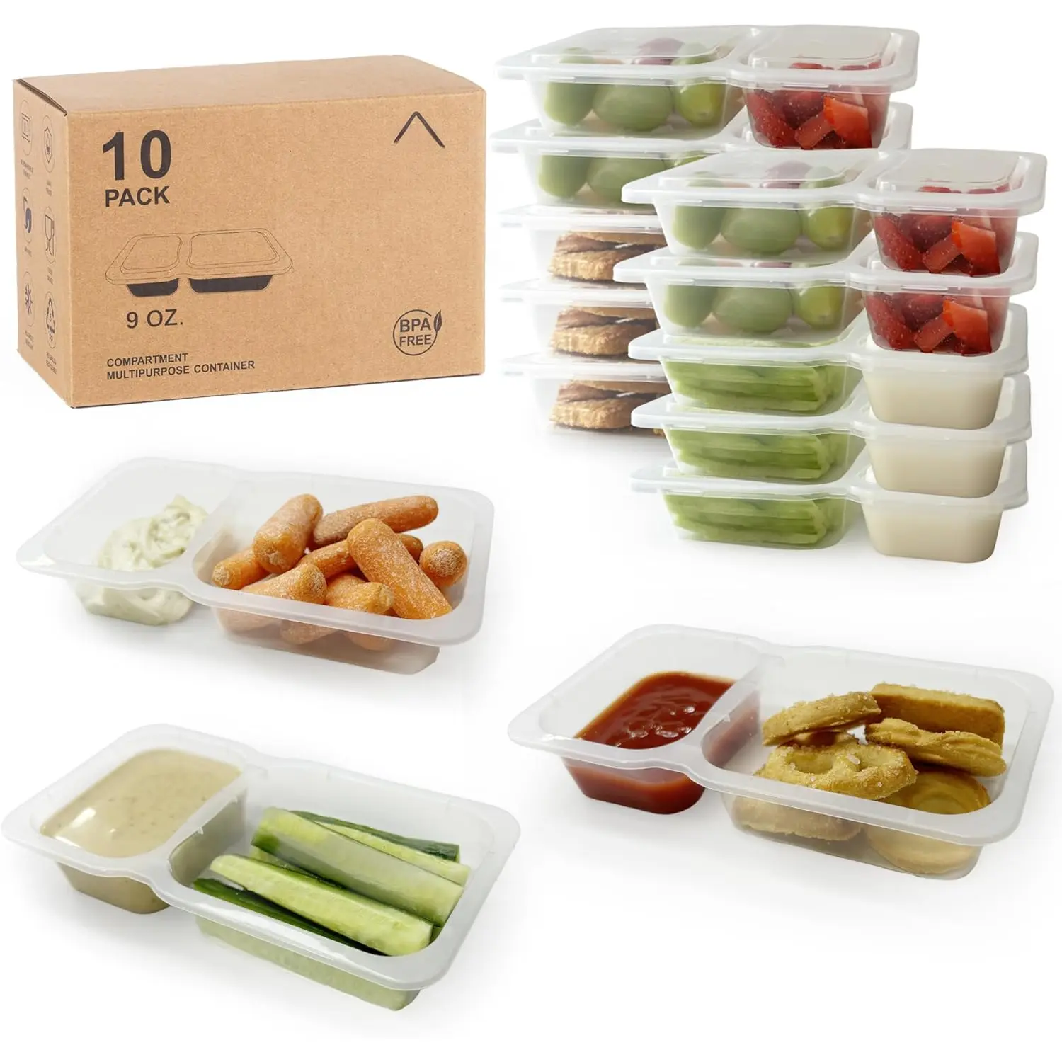 9 OZ  Snack Containers with ,  Double Compartment Condiment Snack Pack Containers 10 Sets