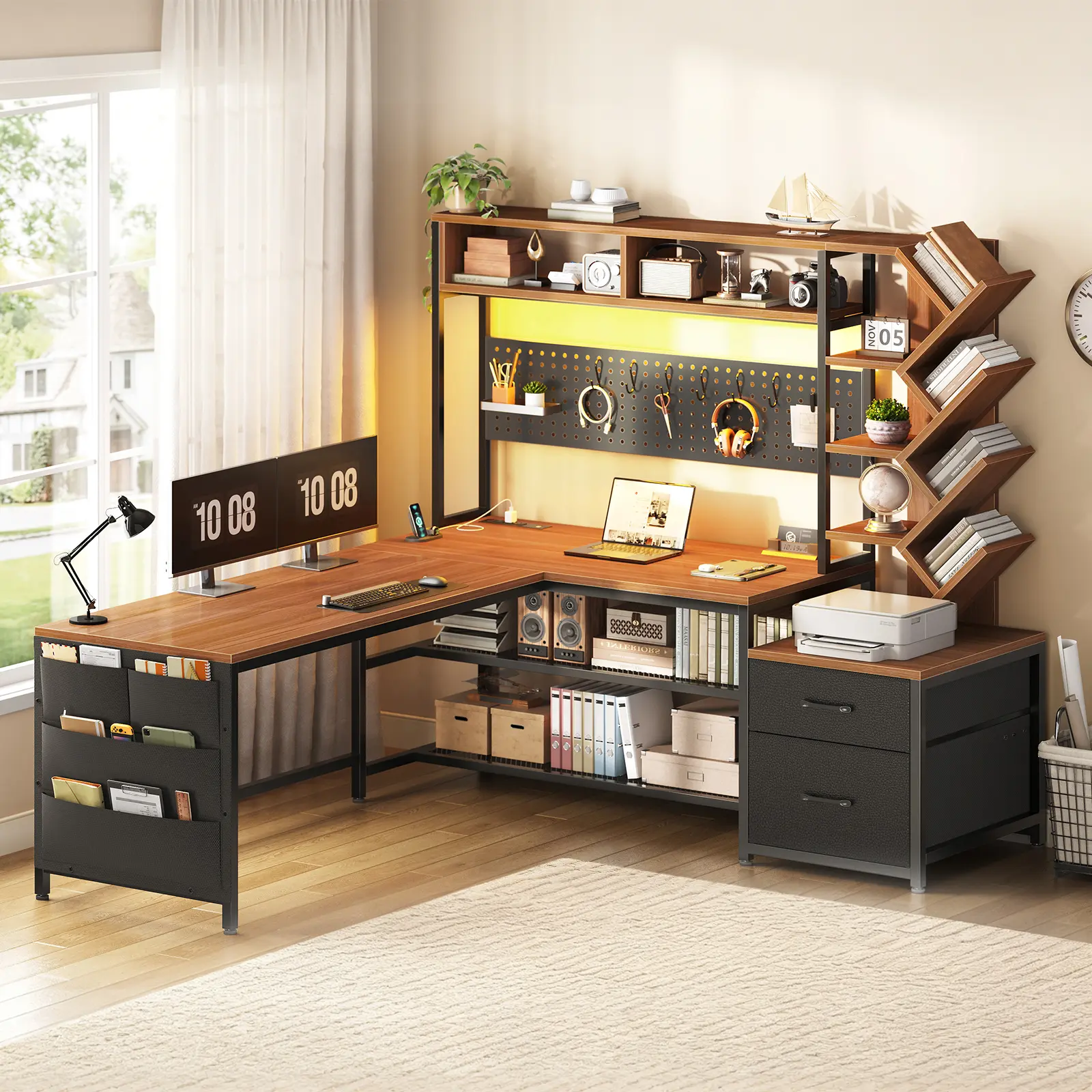 SEDETA 62.2 Inch L Shaped Gaming Desk with Hutch Convertible 97.6 Inch Two Person Office Desk with Drawers and Bookshelf Corner Computer Desk with Power Outlet LED Lights Pegboard