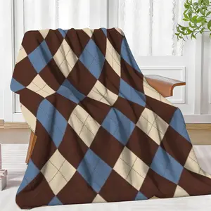1pc Brown Blue Argyle Blanket, Classic Diamond Pattern Flannel Blanket, Soft and Comfortable Blanket, Preppy Style Design Blanket, Suitable for Sofa Bed Decoration, Gift, Birthday Present 50"x60"