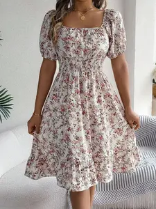 Women's Casual Vacation Puff Sleeve Drawstring Short Sleeve Ditsy Floral Dress, Spring/Summer Elegant