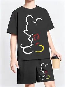 3D Digital Print Cute Mickey Mouse Cartoon Character Short Sleeve Shorts Set Two-Piece, Casual Fitted Tee and Shorts