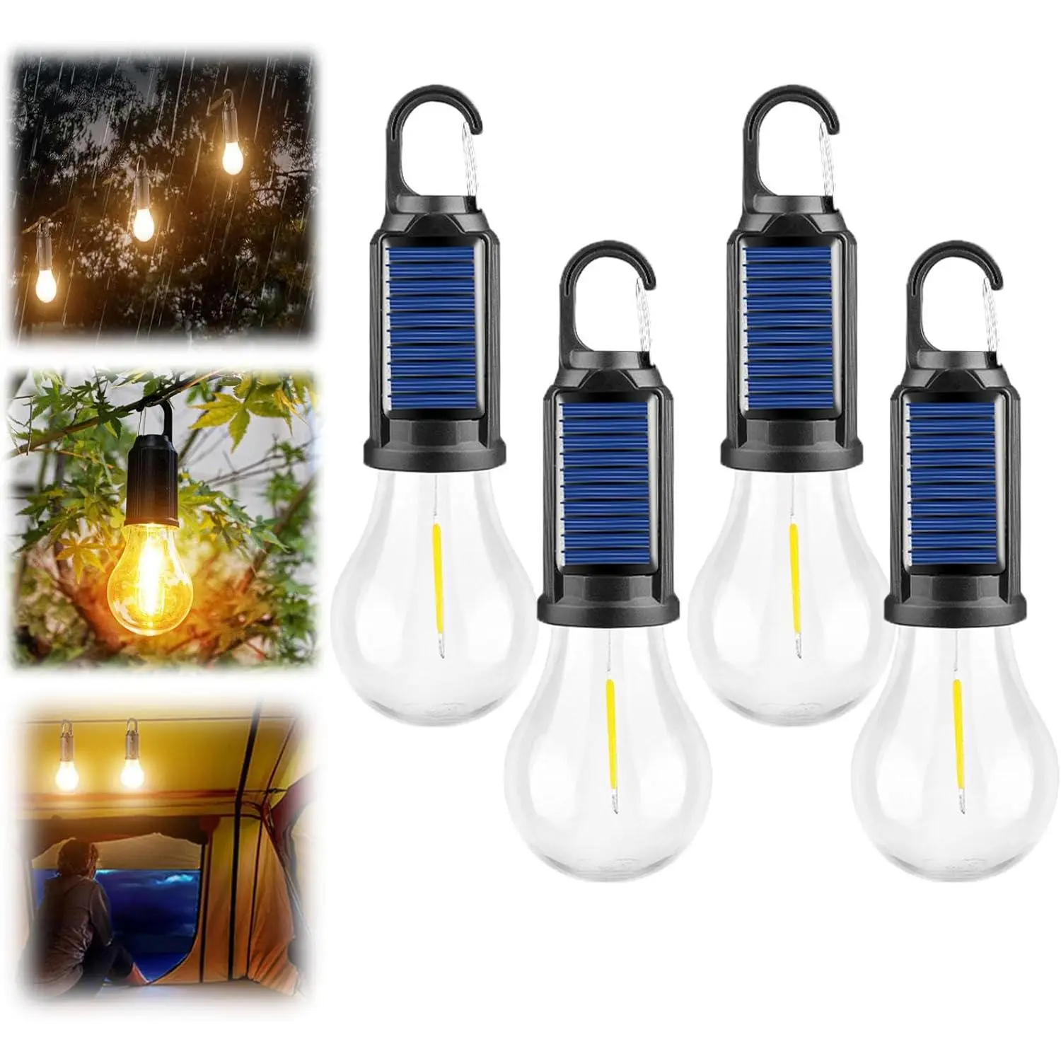 Solar Charging Camp Tent Light with Hook, Warm Light IPX4 Waterproof LED Camping Light, Outdoor Emergency Hanging Flashlight Household Tungsten Filament Lamp, USB Rechargeable, Suitable for Outdoor Party, Camping, Yard, Farm, Festival Blue Black