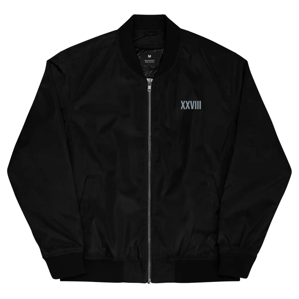 Flight Deck 28 Black Unisex Bomber Jacket with Hidden Zip Pocket & YKK Zipper Eco-Friendly Recycled Polyester Relaxed Fit Streetwear Utility Embroidery Long Sleeve Coats - Formal Fabric Menswear
