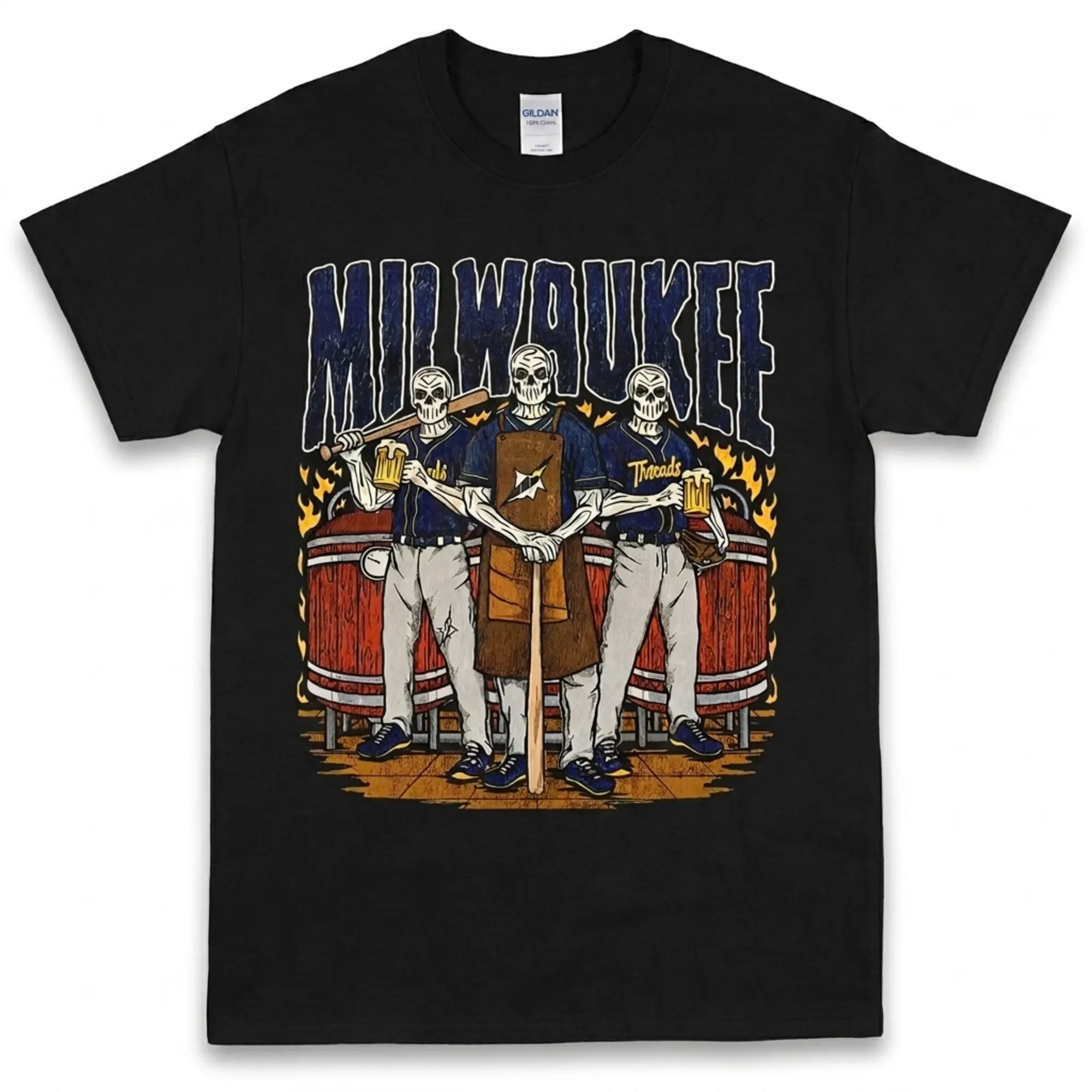 [Sale Up To 50%] Fire Skeleton Milwaukee Baseball T-Shirt, Mascot Baseball Shirt, Milwaukee Baseball Game Day Graphic Tee, Brewers Baseball Fan Streetwear