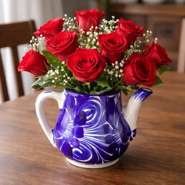 Mexican Ceramic Teapot Vase, Talavera Style Blue Pottery, Rustic Floral Centerpiece, Kitchen Decor, Handmade Look Pitcher