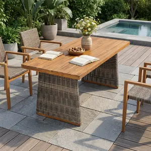 Outdoor Acacia Wood Dining Table with Teak Finish and Grey Wicker Base, 6-Seat Patio Dining Table for Garden, Deck, Backyard, Poolside, Weather-Resistant Wooden Dining Table for Outdoor Entertaining, Living Room Table for Sofa Side, Bedroom