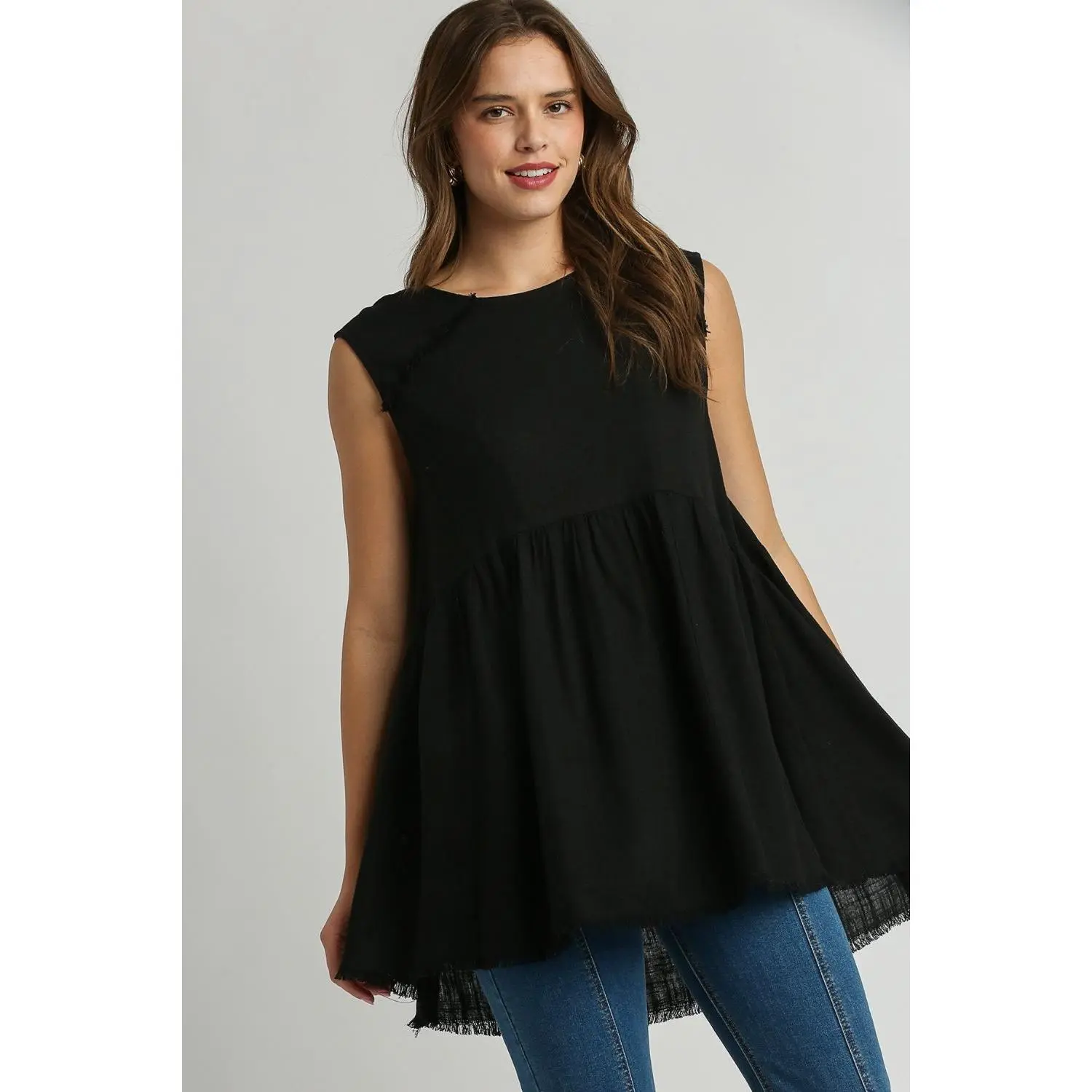 Umgee Full Size Raw Hem Linen Round Neck Sleeveless Top Plus Size