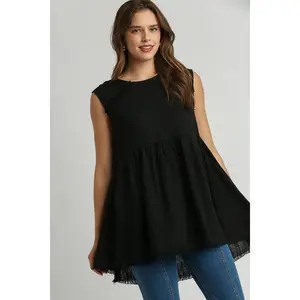 Full Size Raw Hem Linen Round Neck Sleeveless Top Plus Size Casual Summer Essential 55% Linen 45% Rayon Machine Wash Cold