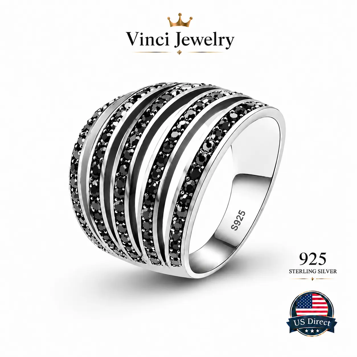 925 sterling silver Luxury Black Spinel Inspired Multi-Row Pavé Band Ring Modern Glam Rock Chic Statement Ring Minimalist Edge Elegant Party Accessory Unisex Daily Wear Night Out Street Style Gift for Her Trendy Stackable Ring Y2K Aesthetic Bold