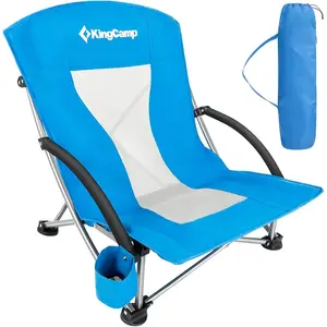 KingCamp Low Beach Chair, High Back Folding Camping Chair for Adults, Oversized Breathable Mesh Seat, 300lbs Heavy Duty Portable Chair with Cup Holder & Storage Pockets for Beach, Outdoor