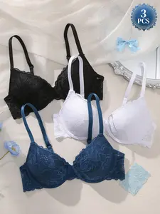 3-Pack Women's Exquisite Floral Lace Underwire Bras: Push-up Lifting Shaping, Skin-friendly Soft Breathable Fabric, Lace Back 3 Buckles, High-stretch Adjustable Straps, Side Smoothing Anti-slip, All-season Commute, Everyday & Daily Wear