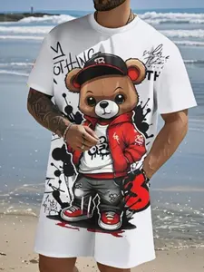 Summer Breathable Two-Piece Set, Casual Cartoon Bear Pattern Round Neck T-Shirt and Drawstring Shorts, Ideal for Outdoor Activities and Backpacking, Menswear
