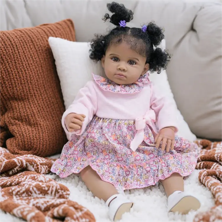 Reuben Reborn Toddler Baby Dolls Girls 24 Inch 60cm Large Size Black Baby Dolls, African American Reborn Toddler Doll with Rooted MoHair, Like Real Babies for Girl Toys christmas year birthday present Curly Hair Baby Girl Doll with Dress collector gift
