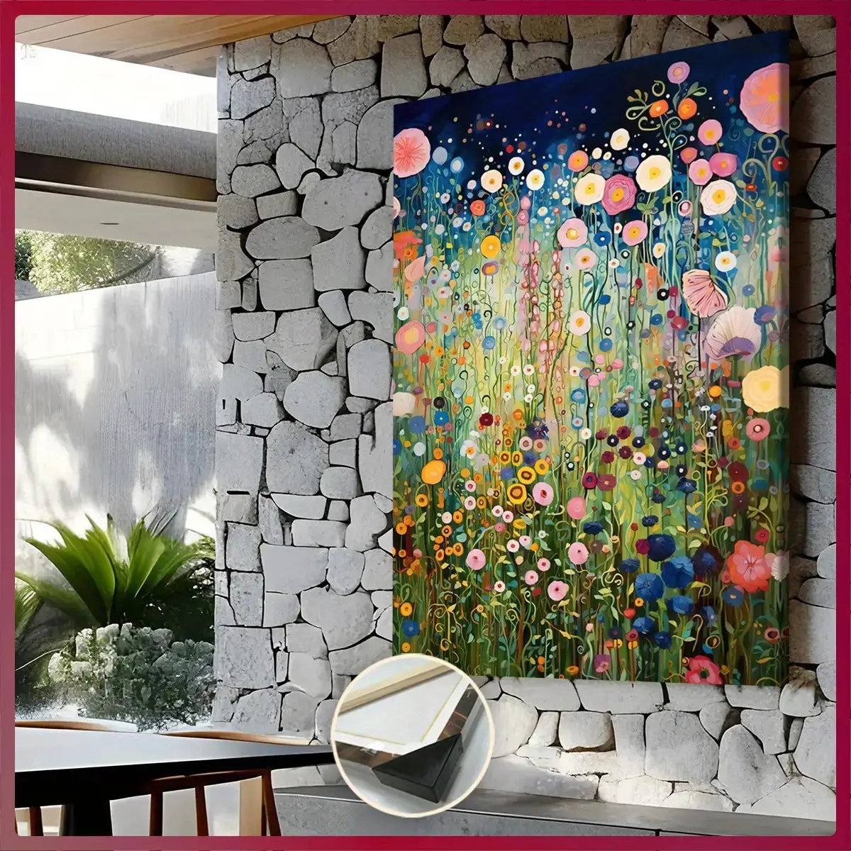 Plaid Frame-Style Artistic Vivid Floral Oil Painting Print - Waterproof, Odorless Wall Decor Poster, Night Sky & Blooming Flowers Design, Decoration for Living Room, Kid Room, Ideal Gift