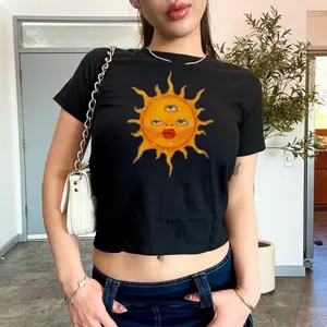 Celestial Baby Tee, Black Fitted Top, Vintage Sun Graphic Shirt, 90s Aesthetic Clothing, Y2K Nostalgia Tee, Handmade Graphic
