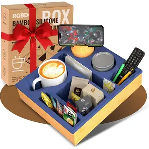 Couch Cup Holder Tray - Couch Organizer Caddy, Silicone Beach Caddy with Cup Holder, Sofa Bed Drink Holder & Couch Tray Table for Snacks Beverage Remote (Blue)