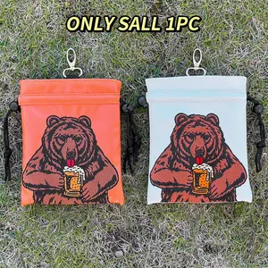 Waterproof Golf Bag Drawstring Pouch, Bear Animal Hanging Accessory Storage, Range Finder Ball Pin Waist Bag, Embroidery Design