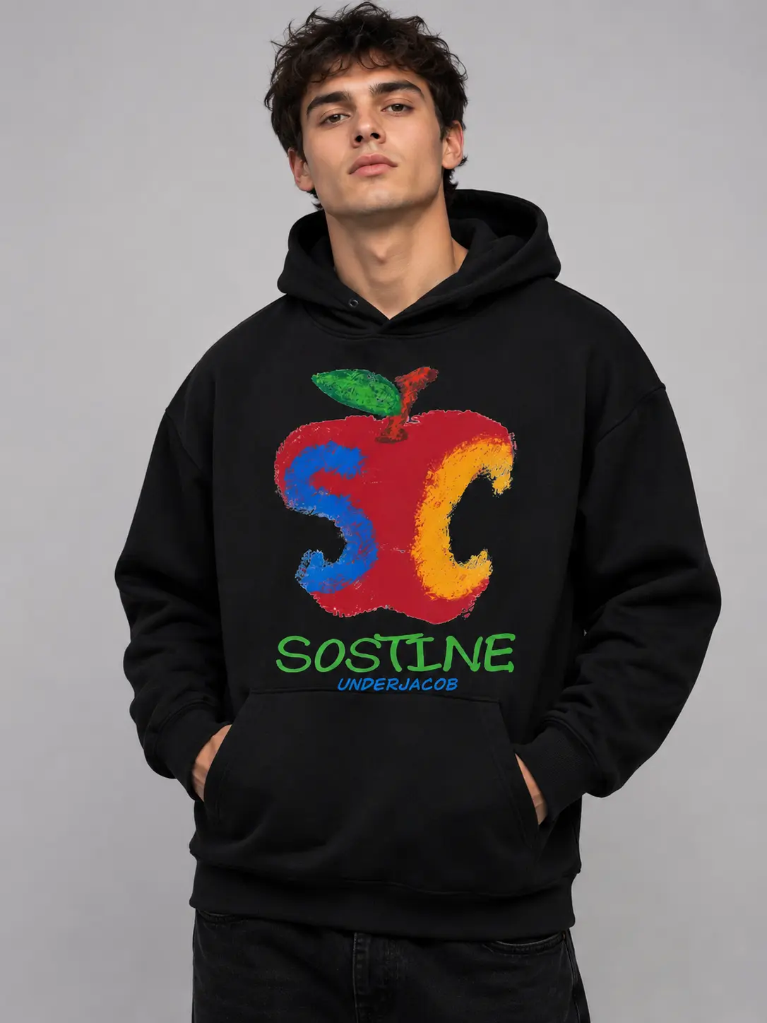 Men's Colorful Apple Letter Graphic Hoodie, Oversized Black Pullover Sweatshirt, Y2K Back to School Streetwear Top