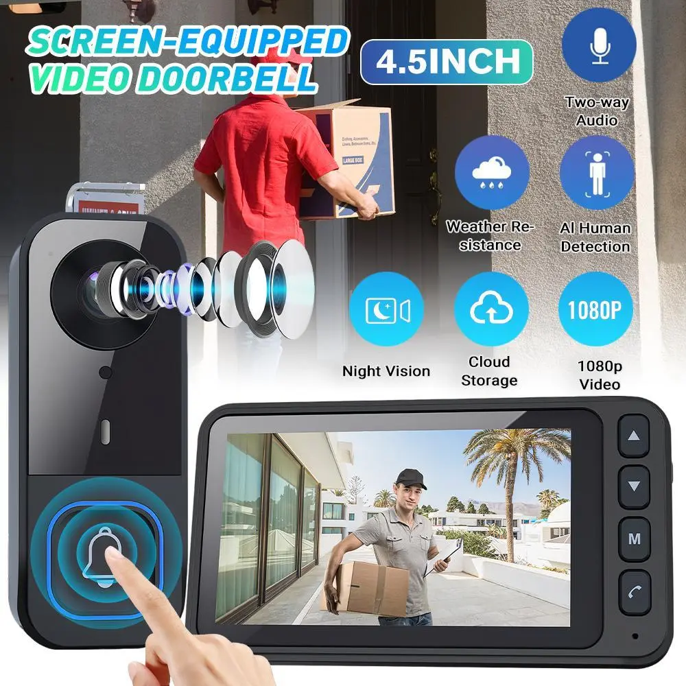 【BackToSchool】4.5 Inch Video Doorbell with Screen Wireless Visual Doorbell Camera 1080P Two-Way Audio Infrared Night Vision