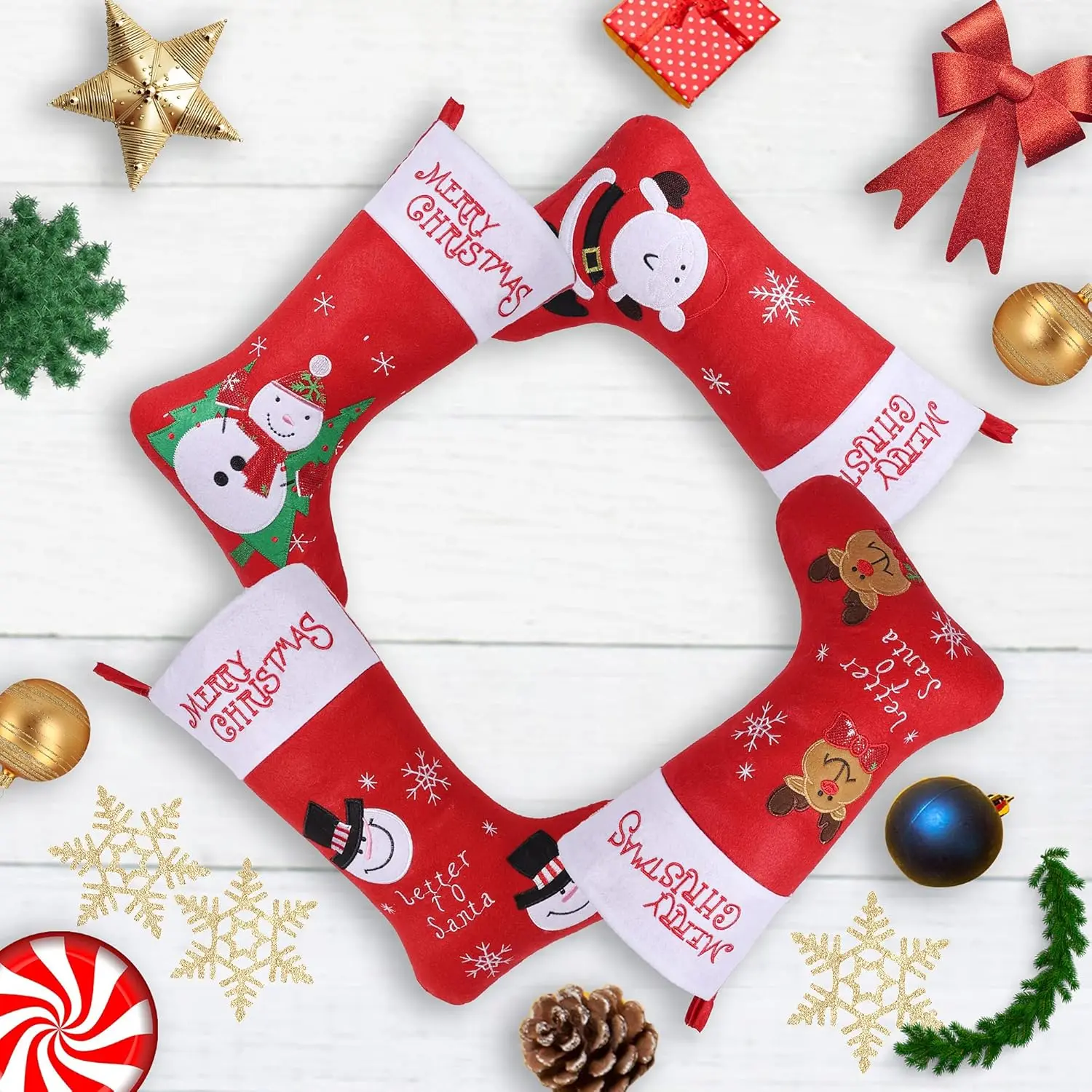 Set of 4 Christmas stockings for the fireplace with Santa, snowman, and reindeer! Bring warmth and festive cheer to your home for the whole family.