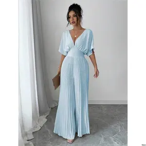 NeckBatwingSleevePleatedElegantWomenJumpsuit - ElenzgaSolidDeepV