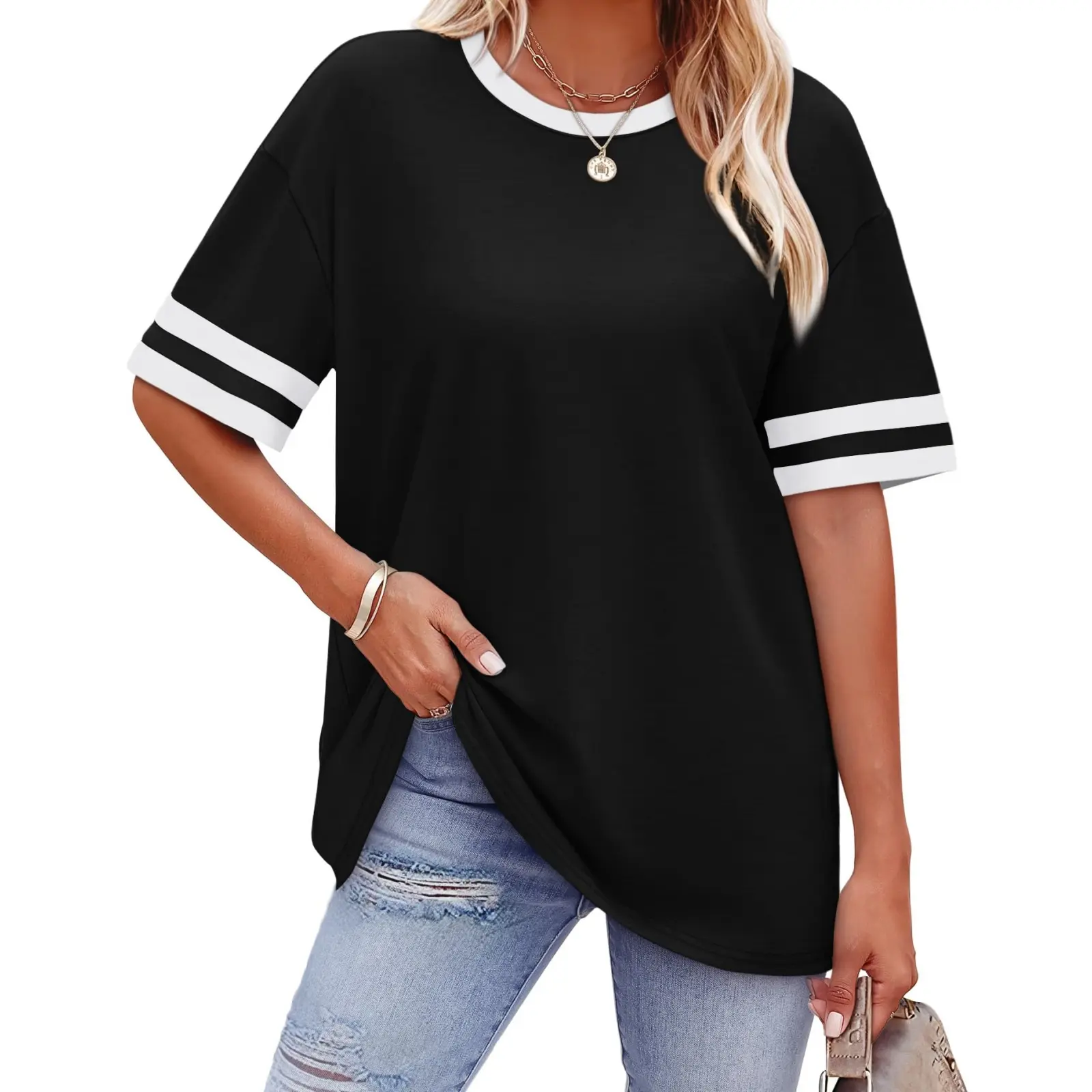 Women’s Boho Raglan Short Sleeve T-Shirt - Contrast Stripe Crew Neck Basic Top, Breathable Bird’s Eye Mesh Fabric Fade-Free Print Tee for Coffee Dates, Ideal for Summer Markets