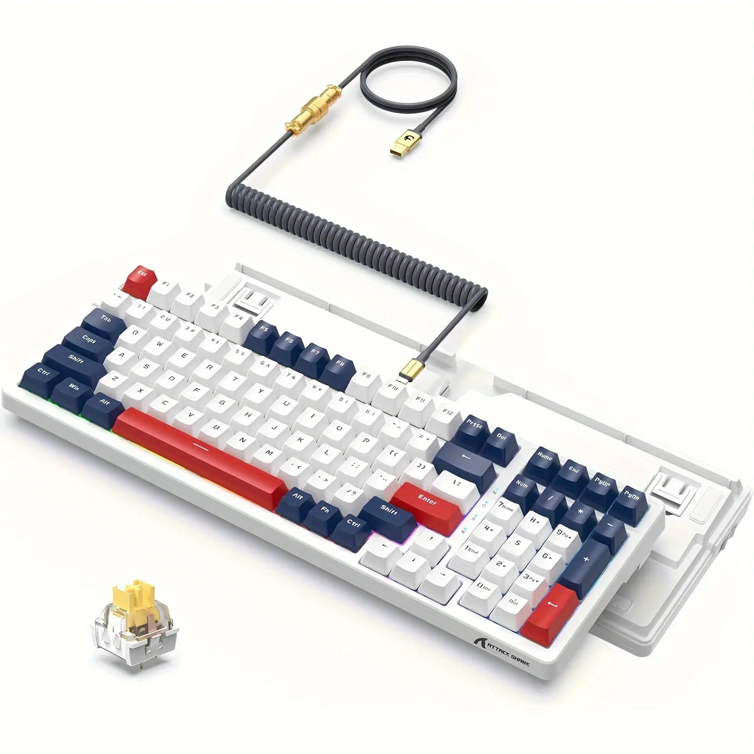 2024-NEW-Wired Gaming Kayboard and Custom Coiled USB C Cable, Hot-swappable Mechanical Keyboard with RGB LED Backlit, Ergonomic Custom Keycaps Yellow Switches, Num Pad, 98% Layout Keyboard for PC, MAC, PS4, PS5, Xbox