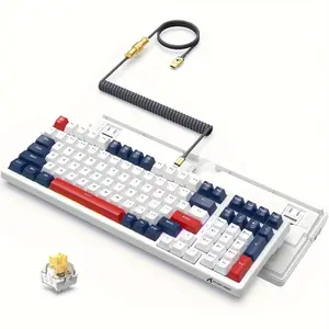 2024-NEW-Wired Gaming Kayboard and Custom Coiled USB C Cable, Hot-swappable Mechanical Keyboard with RGB LED Backlit, Ergonomic Custom Keycaps Yellow Switches, Num Pad, 98% Layout Keyboard for PC, MAC, PS4, PS5, Xbox