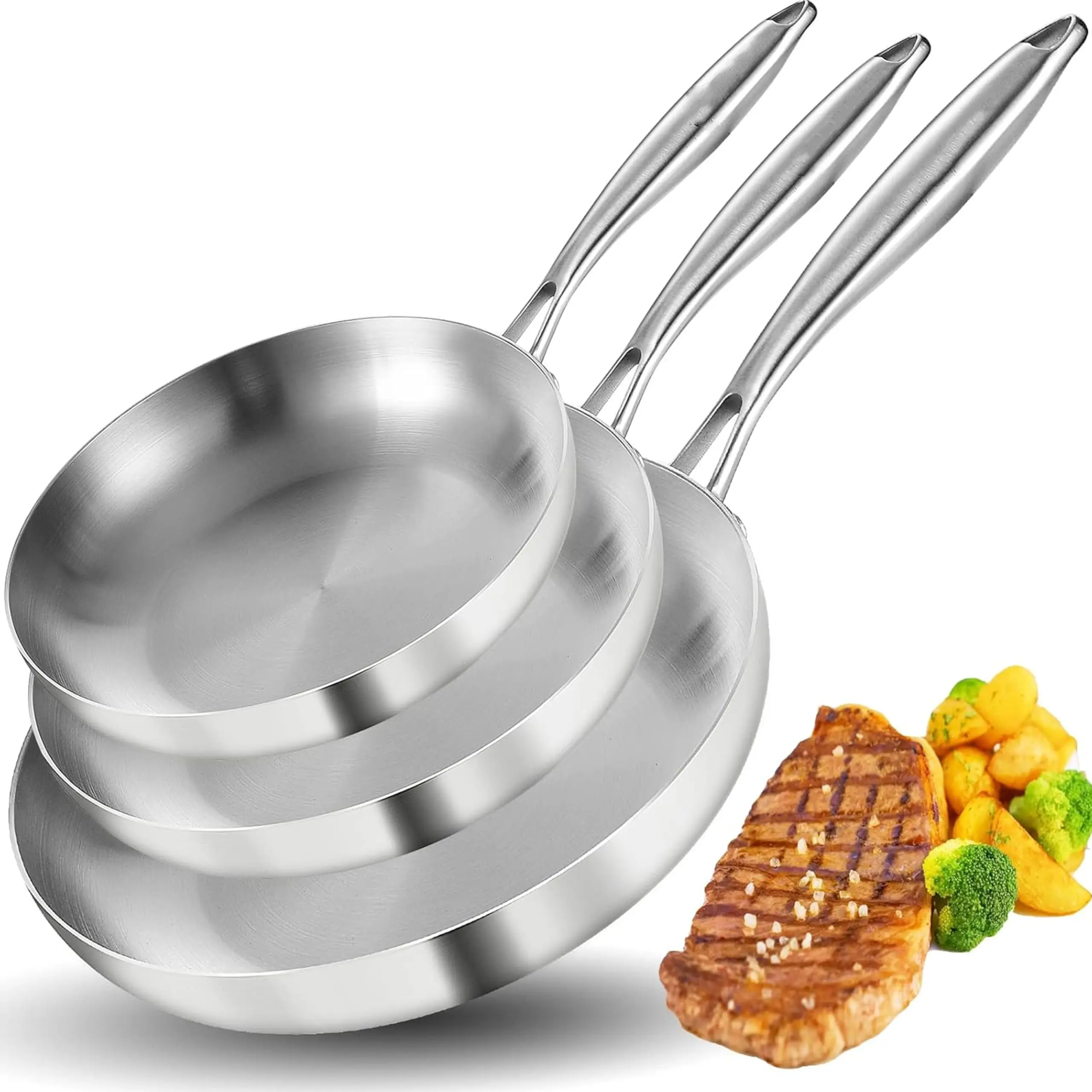 Tri-Ply Stainless Steel Frying Pan Set– Professional Skillet Fast & Even Heating, 8/10/12 Cooking pans, Induction & Oven Safe Cookware for Modern Home Kitchens, Detachable Handle