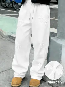 Unisex White Cross Embroidery Wide Leg Sweatpants, Y2K Streetwear Joggers for Men & Women