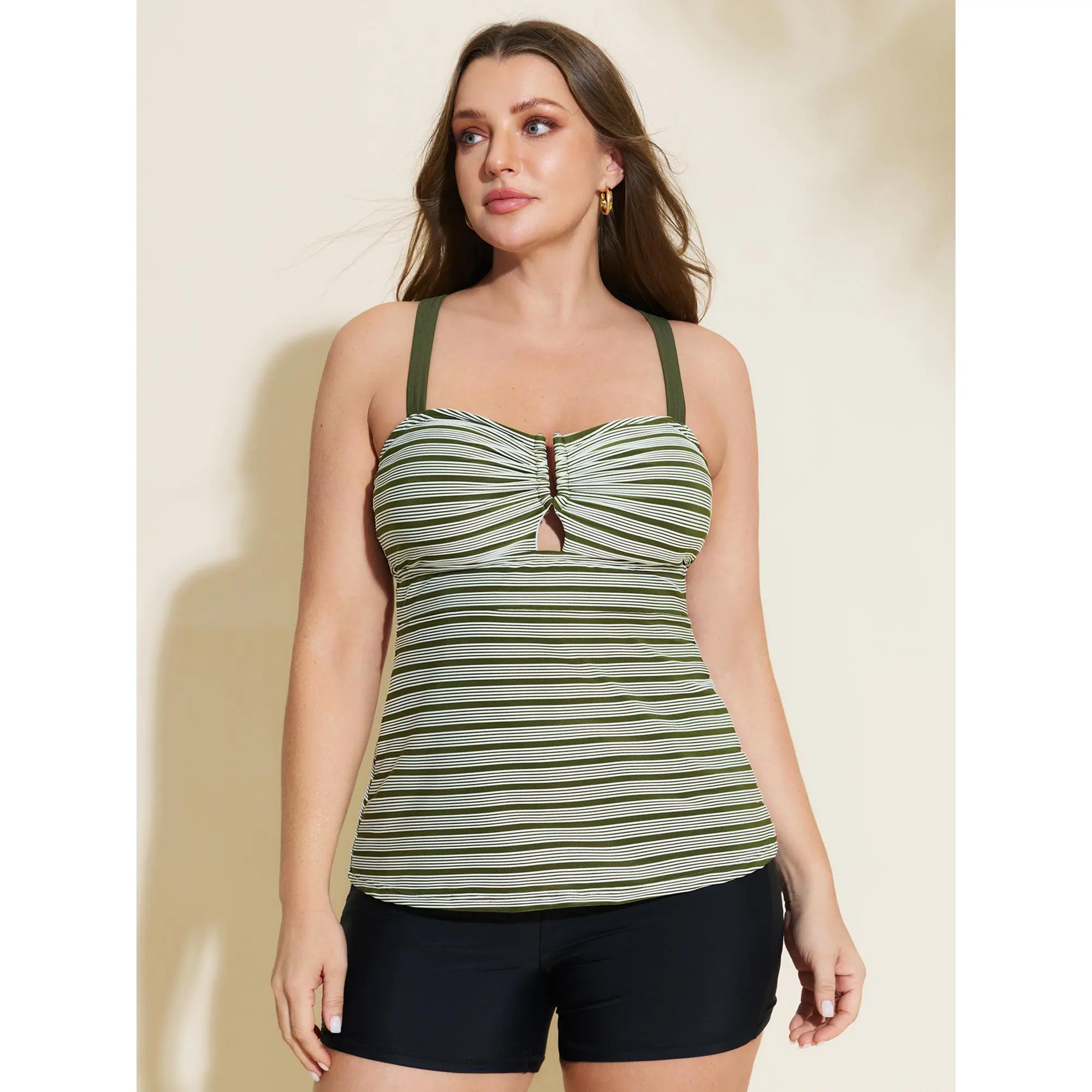 BloomChic Plus Size Stripe Cable Knit Tankini Swim Top with Cut-Out Detail and Adjustable Straps, Tankini Swimsuits, Sleeveless, Polyester Blend, 14-16/1X, Cold Wash, 95% Polyester, 5% Spandex, Synthetics