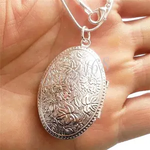REAL 925 Sterling Silver Large Oval Shape Photo Locket Pendant+ 16"~38" Necklace