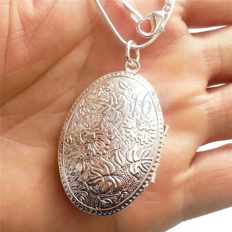 REAL 925 Sterling Silver Large Oval Shape Photo Locket Pendant+ 16"~38" Necklace