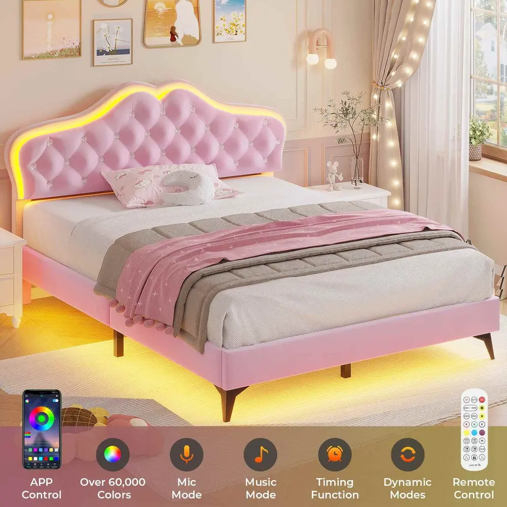 SIKAIC Creamy Pink Queen Size Velvet Princess Platform LED Bed Frame with Storage Drawers, Adjustable Crystal Button Headboard, Modern Beds, Nursery Furniture (RGB LED Bedframe)