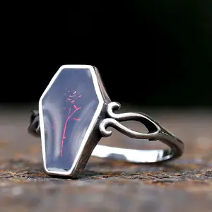 New Design Stainless Steel Coffin Flower Ring Resin Ring for Women Cool Gift Biker Jewelry Unique Fashion Accessory