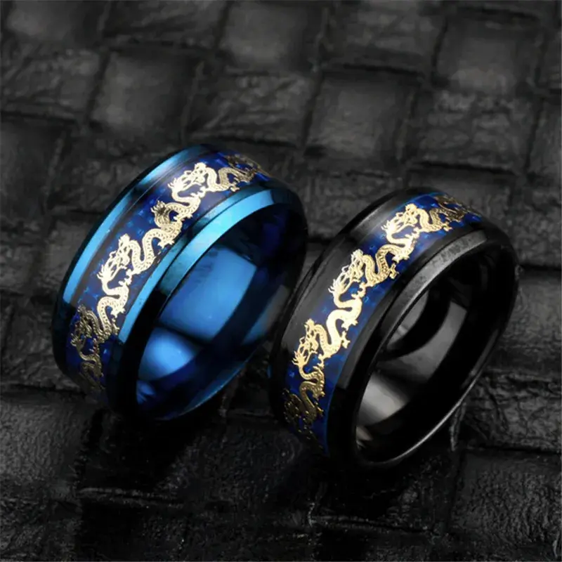 Vintage Dragon Stainless Steel Ring for Men – 8mm Carbon Fiber Wedding Band with Chinese Dragon Pattern