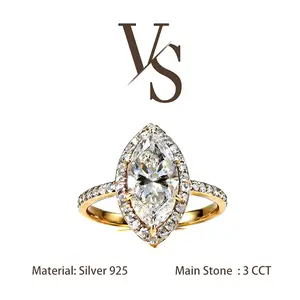 [Venus Jewelry] Synthetic Moissanite 3 CCT Marquise Cut Halo Setting VVS 1 D Color Solid Silver 925 Solitare Ring