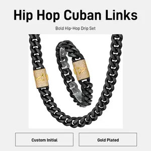 14mm Cuban Link Chain Necklace for Men A-Z Initial Clasp Gold Plated Hip Hop Jewelry Set with Free Bracelet Bold Street Style tarnish proof men's