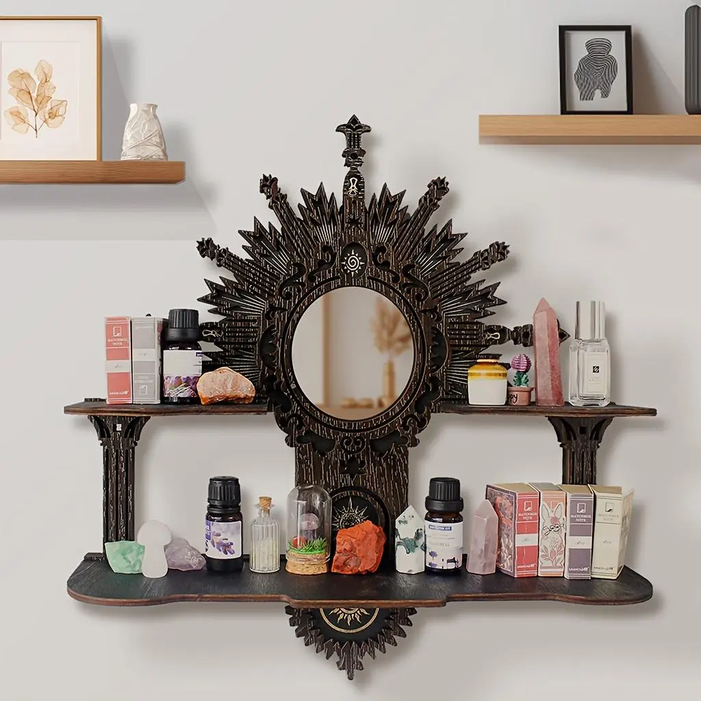 FNYDOX Floating Shelf with Mirror - Wiccan Crystal Shelf Wall-Mounted Suitable for Crystals, Essential Oils Storage Organizer, Meditation Room Decor - Spiritual Gift, Room Shelf, Modern Wood Shelf with Mirror ( Wood Frame), Valentine' Day Gift