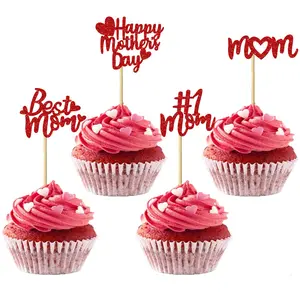 12/24pcs Happy Mother's Day Cupcake Toppers with Glitter Hollow Heart Love Mother Best Mom Cupcake Picks Women Birthday Happy Mother's Day Theme Party Cake Decorations Supplies