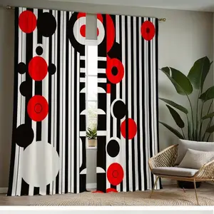 Geometric Circle Striped Print Curtains, Fashionable Rod Pocket Window Drapes for Bedroom and Living Room, Easy Installation