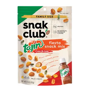 Snak Club Tajin Fiesta Snack Mix, Peanuts, Crunchy Peanuts, Toasted Corn, and Pepitas with Chili and Lime Seasoning, Resealable Bag, 11 oz