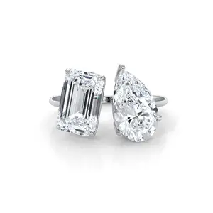 IGI Certified Lab-Grown Emerald & Pear Diamond Javda Two-Stone Engagement Ring for Women 4.63 Ctw. in 14k White Gold