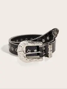 Women's Street Trend Star Texture Metal Decorated Belt, 2024 New Style Fashionable PU Buckle Belt for Daily Decor, Trendy All-match & Exquisite Belt for Birthday Gift