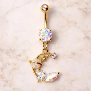 Gold Plated Galaxy Moon and Star Dangle Navel Ring
