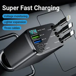 Super FastCharger, Car Accessories, With Retractable Cable, 180° Adjustable Head, PD & QC3.0, Road Trip Essentials Universal Fit for iPhone, Android, Tablets & All Vehicle Models, Cars Accessories
